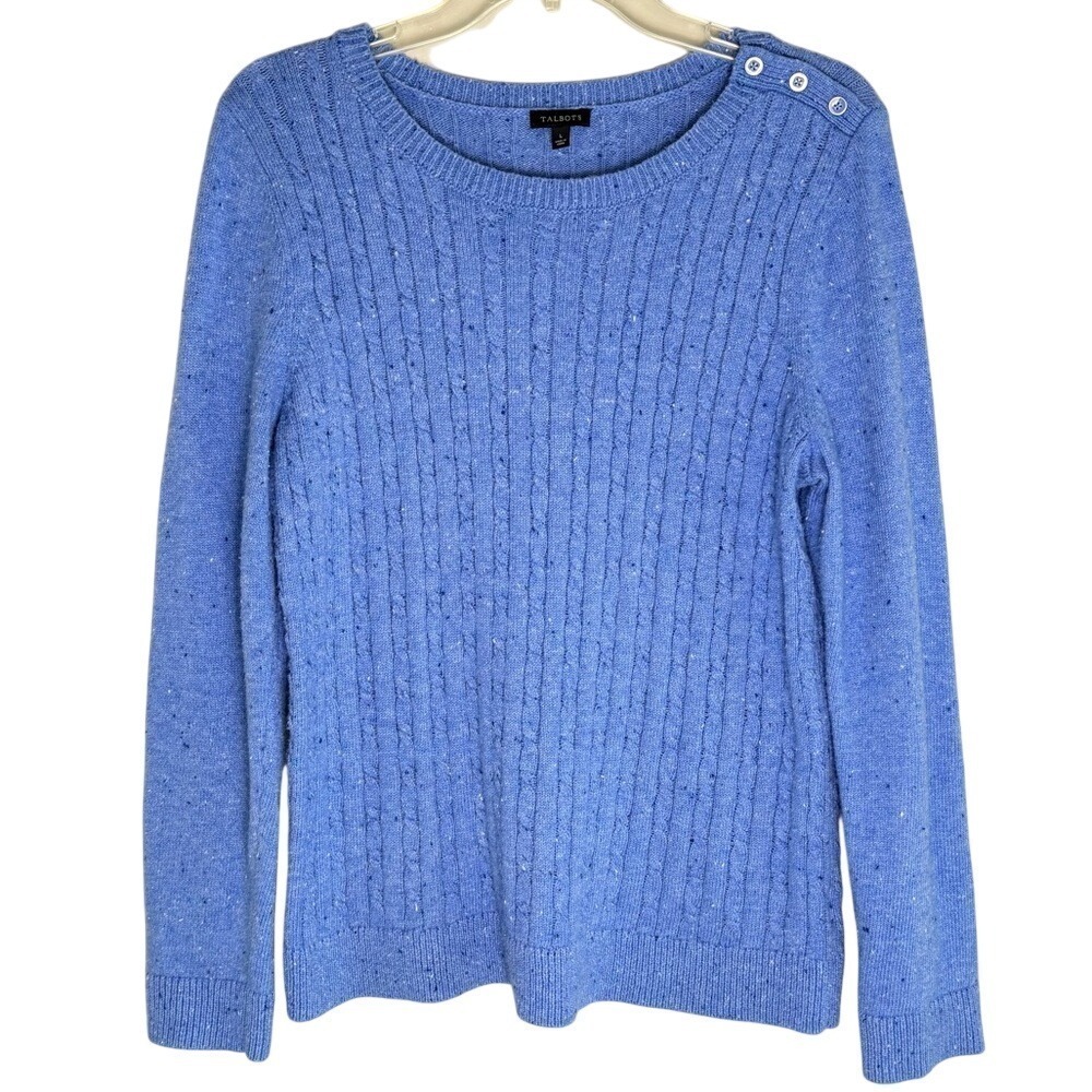 Talbots Women's Large Soft Cable knit Sweater TWEED Crewneck Light Blue
